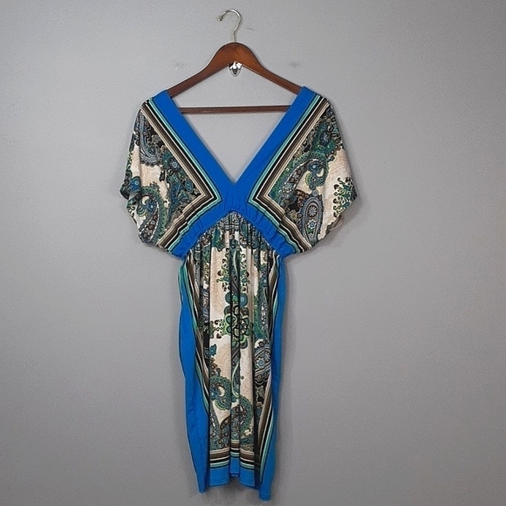 Charlotte Russe 90's Vintage V-Neck Blue Paisley Print V-Neck Stretch Mini Dress
